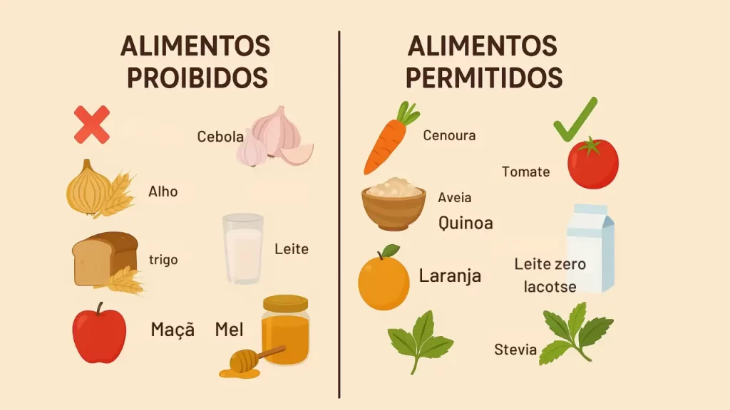 A dieta low FODMAP com alimentos proibidos e permitidos.