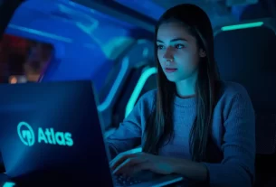 Mulher usando o ChatGPT Atlas navegador em laptop moderno com interface de inteligência artificial.