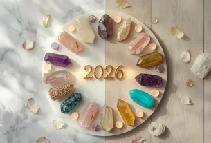 Cristais para 2026 dispostos em mandala com ametista quartzo rosa citrino e turquesa sobre fundo claro