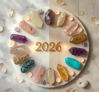 Cristais para 2026 dispostos em mandala com ametista quartzo rosa citrino e turquesa sobre fundo claro