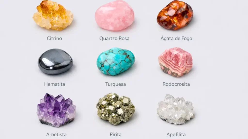 Composição de cristais para 2026 citrino quartzo rosa ametista hematita turquesa por ano pessoal