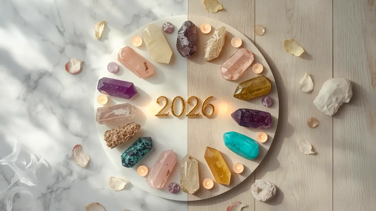 Cristais para 2026 dispostos em mandala com ametista quartzo rosa citrino e turquesa sobre fundo claro