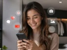Influenciador de IA usando redes sociais em ambiente digital moderno