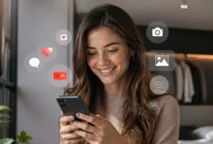 Influenciador de IA usando redes sociais em ambiente digital moderno