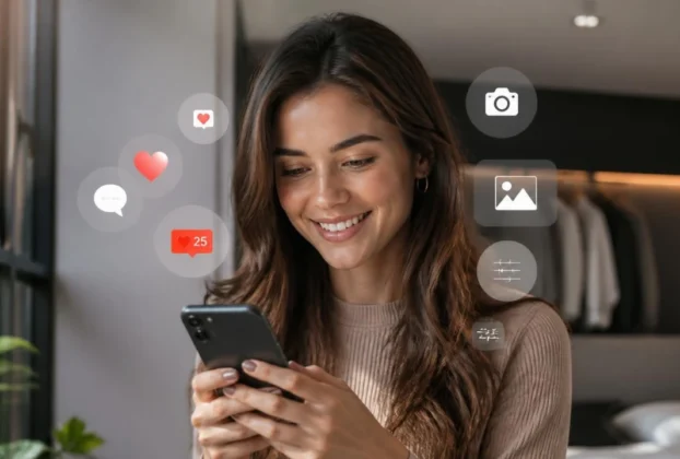 Influenciador de IA usando redes sociais em ambiente digital moderno