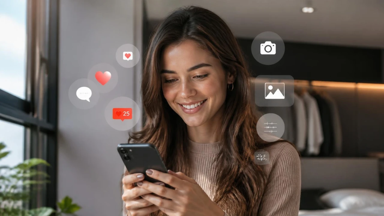 Influenciador de IA usando redes sociais em ambiente digital moderno
