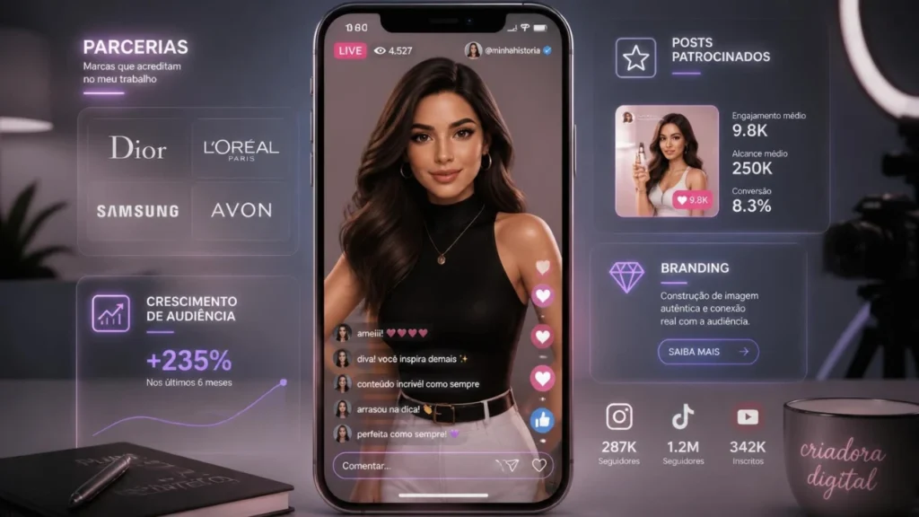 Influencer com IA em campanha de marketing digital com redes sociais e oportunidades de monetização