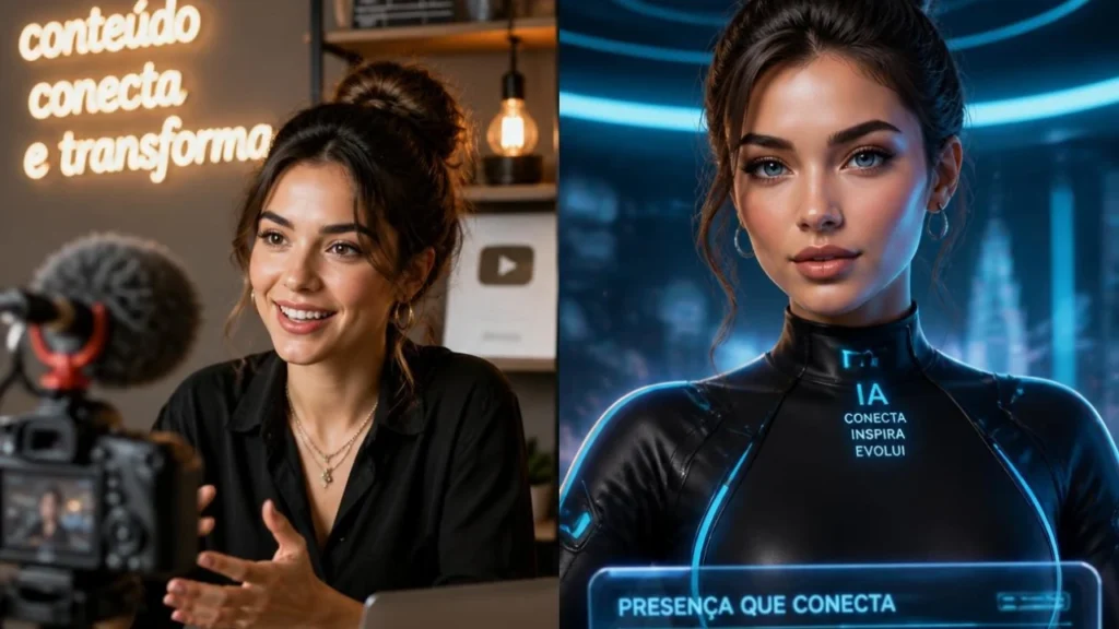Comparação entre criador de conteúdo humano e influenciadora virtual gerada por inteligência artificial