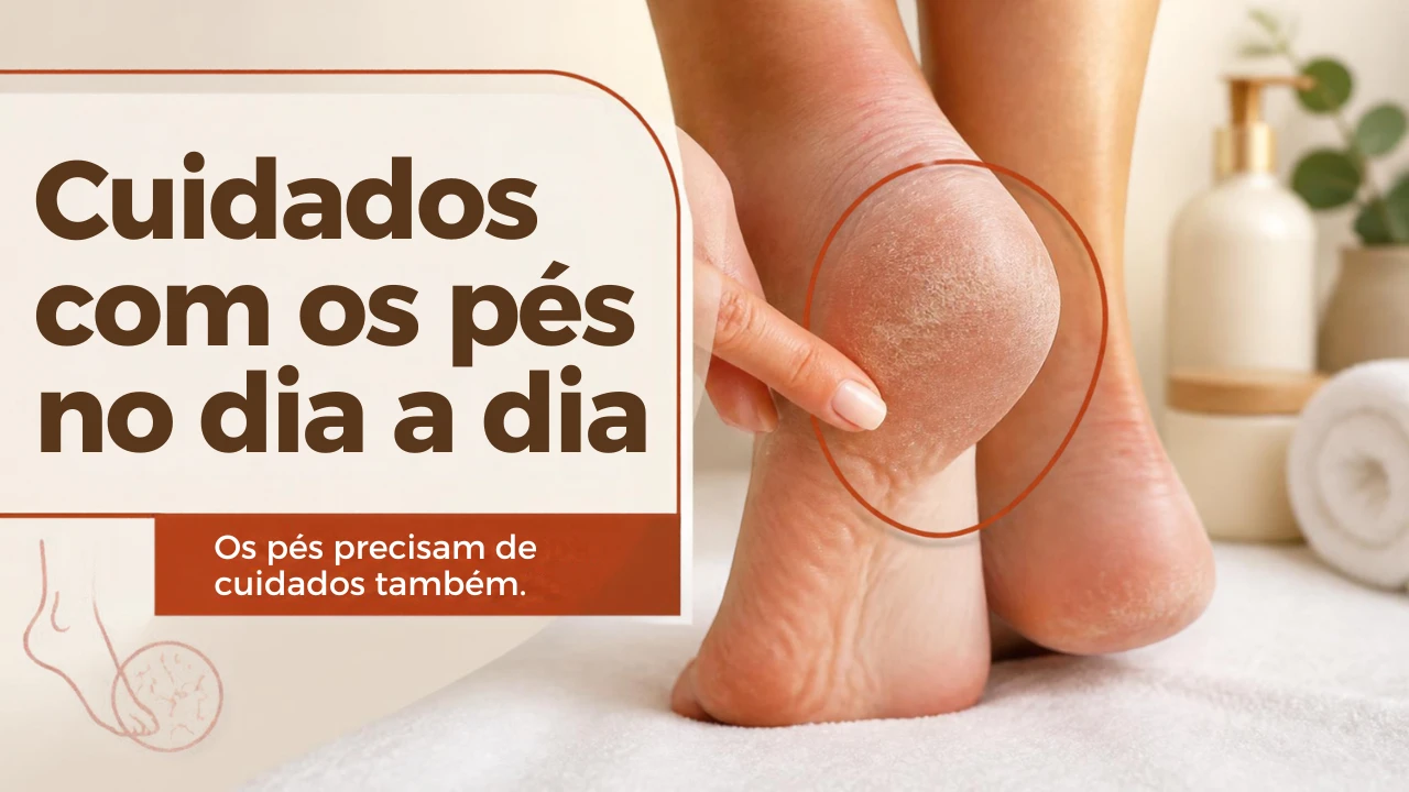 Mão tocando um calcanhar ressecado, ao lado do texto “Cuidados com os pés no dia a dia”.