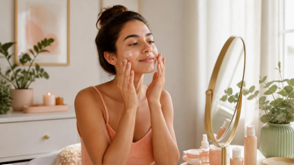 Mulher aplicando hidratante facial durante um momento tranquilo de autocuidado com a pele.