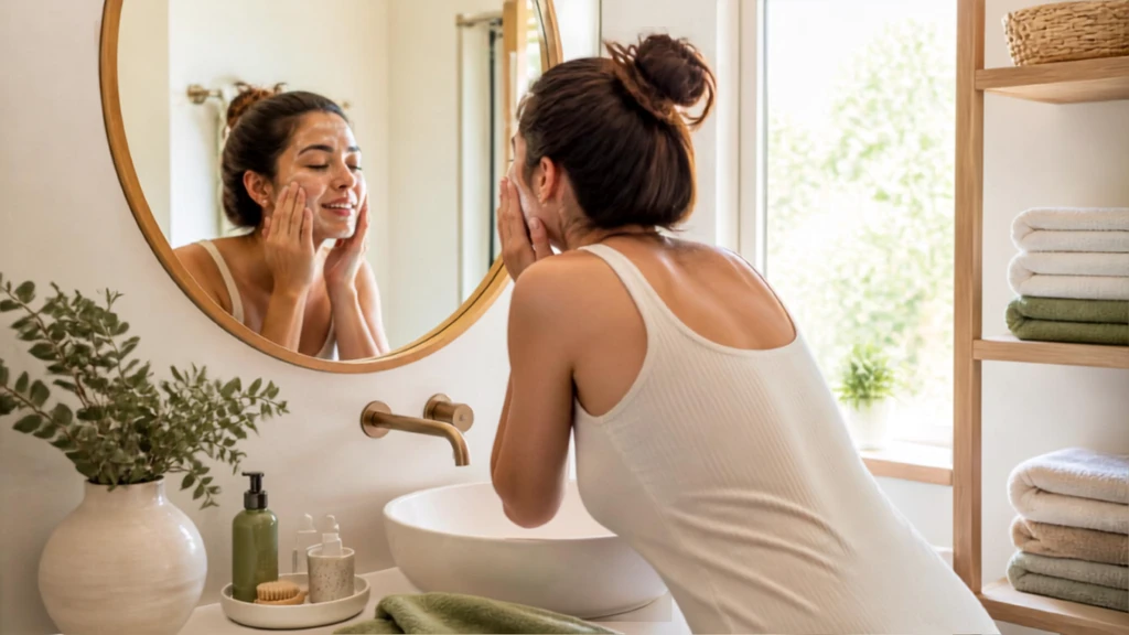 Mulher realizando limpeza facial durante rotina diária.