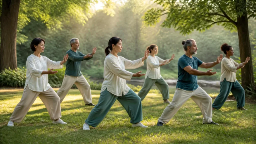 Pratica de Qigong ao ar livre.