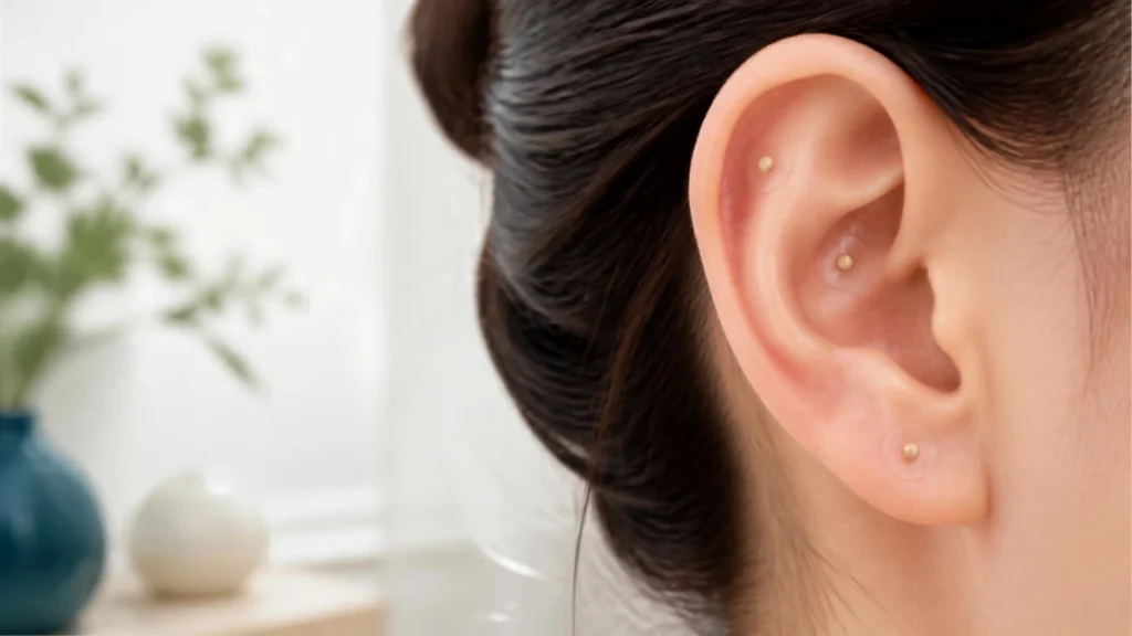 Sessão de auriculoterapia com esferas.