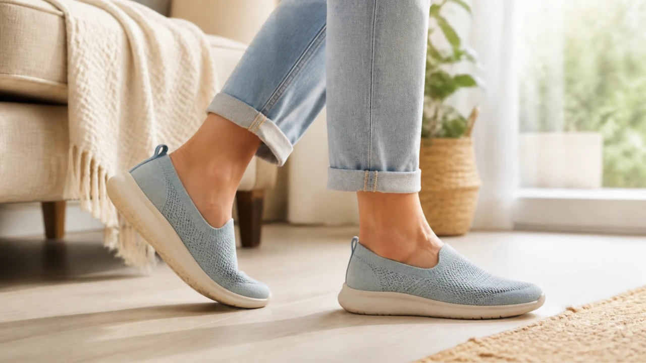Pessoa de calça jeans usando sapatos baixos azuis de tecido.