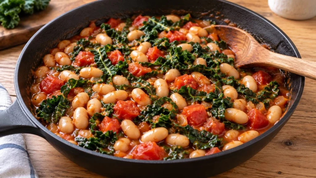 Feijão-branco com pedaços de tomate e couve refogada em uma frigideira preta.