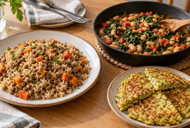 receitas fáceis para a semana: Três pratos sobre uma mesa: arroz com lentilha e cenoura, feijão-branco com couve e panqueca de abobrinha.
