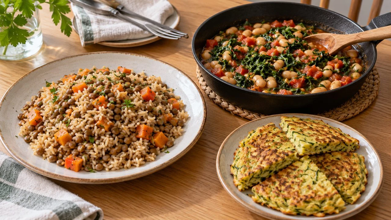receitas fáceis para a semana: Três pratos sobre uma mesa: arroz com lentilha e cenoura, feijão-branco com couve e panqueca de abobrinha.